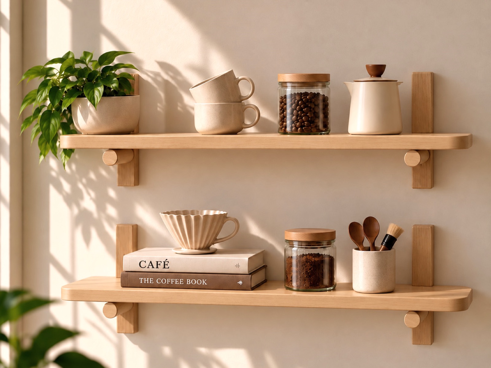Repisa Barista con tazas, frascos y una planta